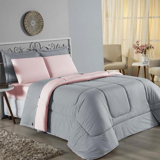 Imagem de Edredom Queen 100% Algodão Em Malha Fio 30/1 Dupla Face Kit 03 Peças - Rosa Com Cinza