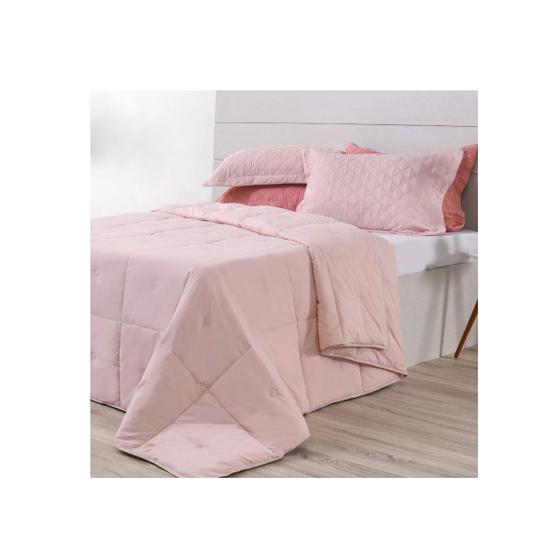 Imagem de Edredom Rosa QUEEN e Lençol Elastico Branco Algodao Penteado
