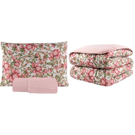 Imagem de Edredom Solteiro 03 Pçs Dupla Face Malha 100% Algodão Estampado C/ Viés Est. Rose