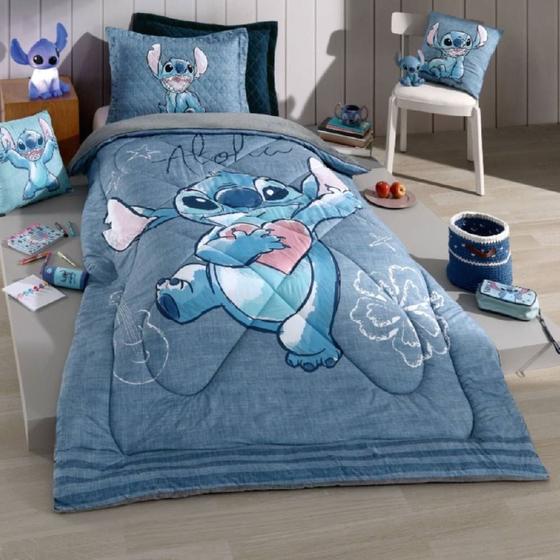 Imagem de Edredom Solteiro Infantil Plush E Microfibra Disney Hedrons 1 Pç - Stitch Apaixonado