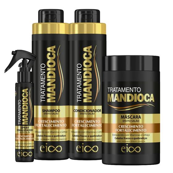 Imagem de Eico Kit Mandioca Shampoo e Condicionador 800ml + Máscara Hidratação 1Kg + Spray Finalizador 120ml
