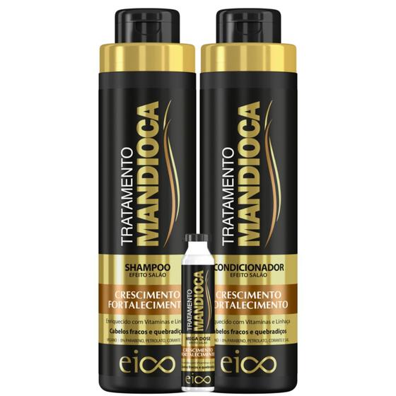 Imagem de Eico Mandioca Shampoo Fortalecimento 800ml e Condicionador Hidratação Nutrição Protege Cor 750ml + Megadaose Creme Hidratação Tratamento