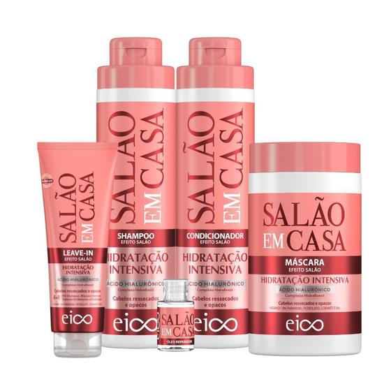 Imagem de Eico Salão Em Casa Hidratação Intensiva Shampoo Condicionador + Máscara 1kg + Leave-in + Óleo 7ml