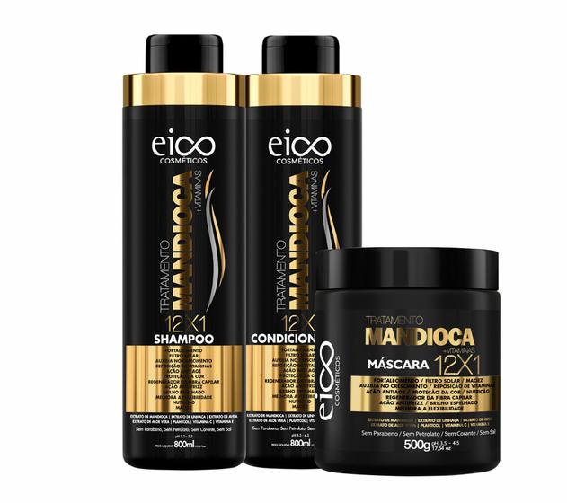 Imagem de Eico Tratamento Mandioca Shampoo e Condicionador 800ml + Máscara Creme Hidratação 500g