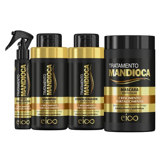 Imagem de Eico Tratamento Mandioca Shampoo Sem Sal e Condicionador 450ml + Spray Leave-in Protetor Térmico + Máscara Hidratação 1kg