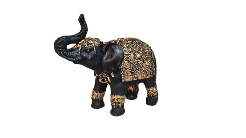 Imagem de Elefante Da Sorte Indiano De Resina Preto Com Manto Dourado