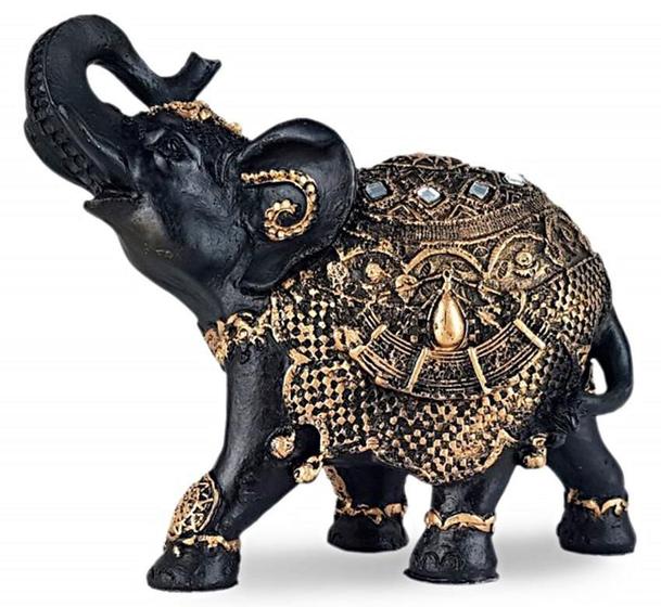 Imagem de Elefante Indiano Da Sorte M Preto Com Manto Dourado -Resina