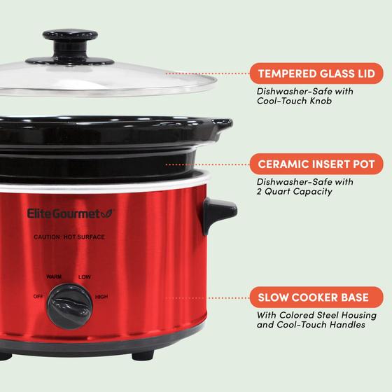 Imagem de Elite Gourmet Panela Elétrica Slow Cooker Oval 2 Quart com Tampa de Vidro (Vermelho)