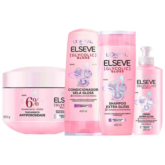 Elseve Glycolic Gloss Kit – Shampoo + Condicionador + Creme de Tratamento + Creme Super Gloss