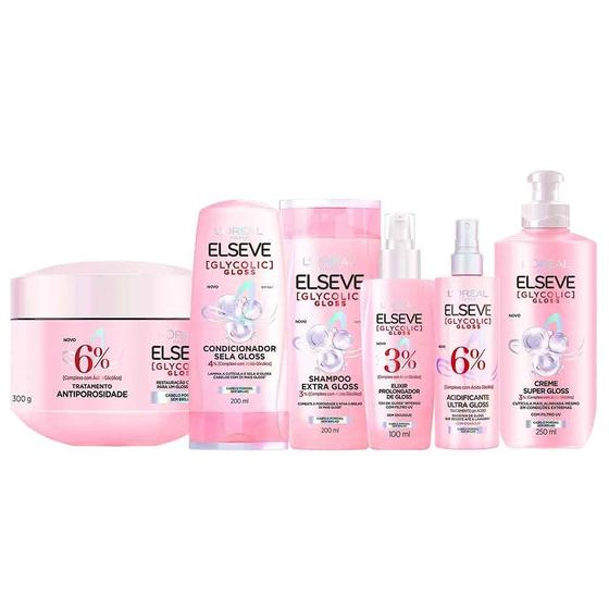 Elseve Glycolic Gloss Kit - Shampoo + Condicionador + Creme Super Gloss + Sérum + Tratamento + Creme Antiporosidade