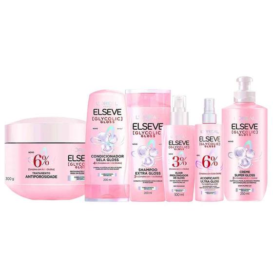 Elseve Glycolic Gloss Kit - Shampoo + Condicionador + Creme Super + Sérum + Tratamento + Creme Antiporosidade Menor preço em Elseve Glycolic Gloss Kit - Shampoo + Condicionador + Creme Super + Sérum + Tratamento + Creme Antiporosidade