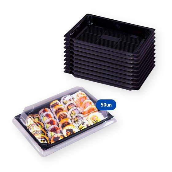 Imagem de Embalagem Plástica Retangular Combinado Lanche Sushi 1 Praticpack - 18,5x13,5x4,5cm - 50 Unidades