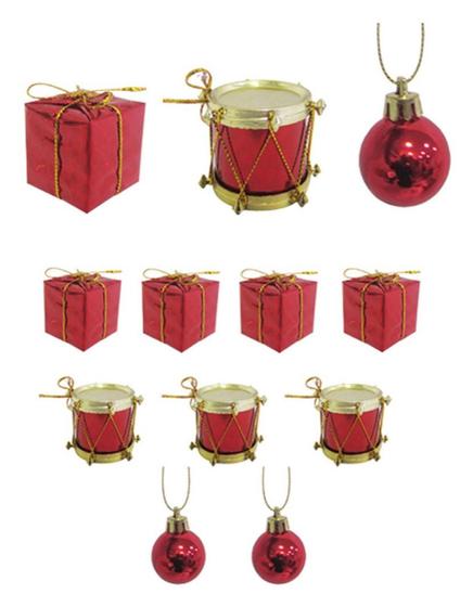 Imagem de Enfeite de natal misto caixa de presente/ tambor e bola com 12 peças prata ou dourado
