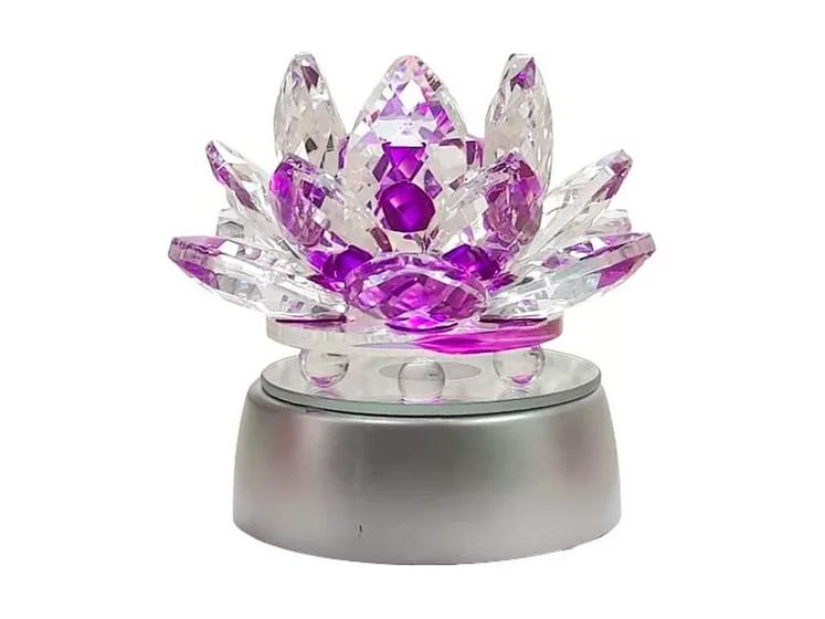 Imagem de Enfeite Escultura de Vidro Flor de Lotus de 10CM Com Base Espelhada Led RGB Enfeite de Cristal