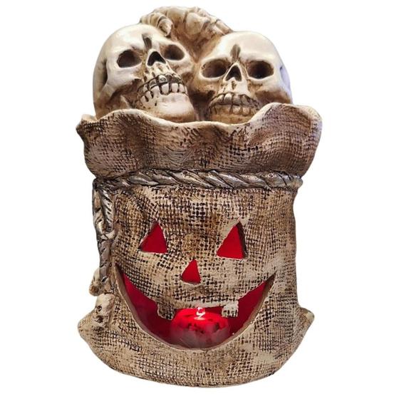 Imagem de Enfeite Halloween Led Saco Estopa Abobora com Mini Cranios de Esqueleto Decoração de Terror Escultura Estatua Gótica