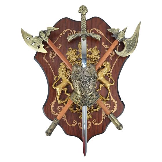 Imagem de Enfeite Medieval Machado Duplo Espada Central Suporte Mdf