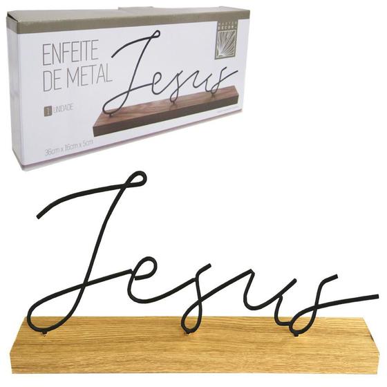 Imagem de Enfeite Palavra Jesus Metal Preto Com Base De Madeira 36X16X5