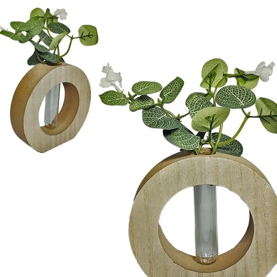 Imagem de ENFEITE REDONDO DE MADEIRA MDF COM VASO DE VIDRO DE FLOR ARTIFICIAL:Mini Jardim Encantado: Floresça a sua decoração!