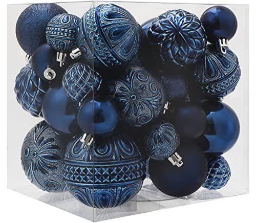 Imagem de Enfeites de bola de Natal azul-marinho decorações da árvore de Natal com corda pendurada-36pcs enfeites de Natal à prova de quebra conjunto com 6 estilos em 3 tamanhos (pequeno médio grande)