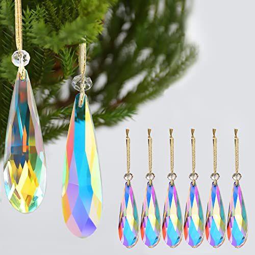 Imagem de Enfeites de Natal de vidro de cristal, 6Pcs Teardrop Prism cristais suspensos para a árvore de Natal, peças centrais, casamento, decoração da festa (Crystal AB)