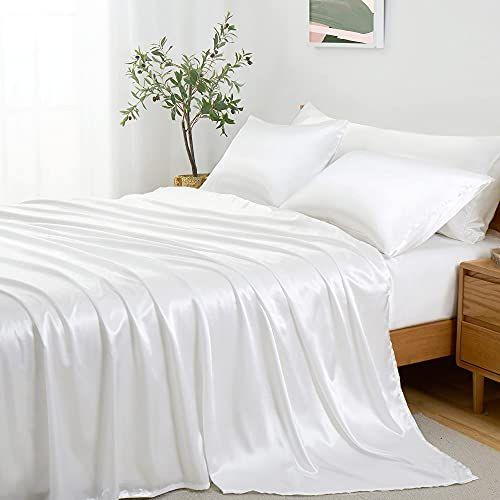 Imagem de Entisn 5Pcs Silky Satin Sheets Set, Queen Size Satin Bed Sheets Set, White Luxury Beddding Sets, Breathable & Ultra Soft Sheets Set inclui 1 folha equipada, 1 folha plana, 3 fronhas