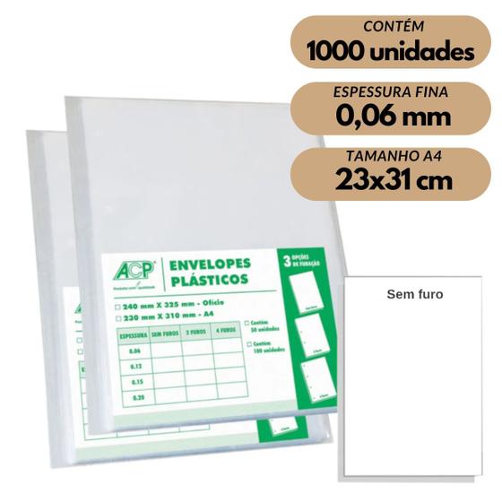 Imagem de Envelope Saco Plástico A4 Acp 0,06mm Sem Furos C/1000 Fino