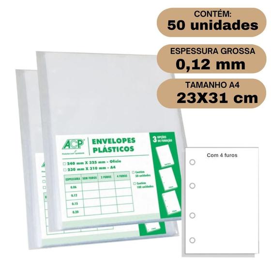 Imagem de Envelope Saco Plástico A4 Acp 0,12mm 4 Furos C/50