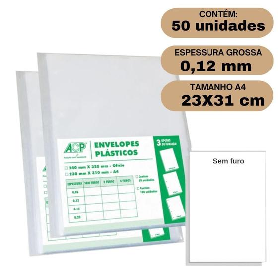 Imagem de Envelope Saco Plástico A4 Acp 0,12Mm Sem Furos C/50