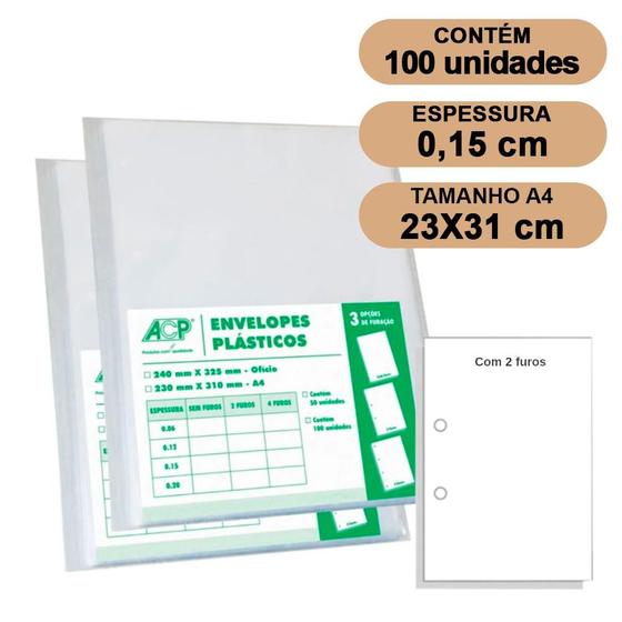 Imagem de Envelope Saco Plástico A4 Acp 0,15mm 2 Furos C/100 Grosso