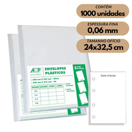 Imagem de Envelope Saco Plástico Ofício Acp 0,06mm 4 Furos C/1000