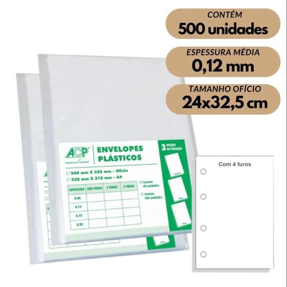 Imagem de Envelope Saco Plástico Ofício Acp 0,12mm 4 Furos Médio com 500 Unidade ACP 012 4F