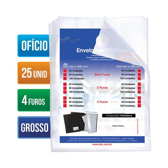 Envelope Saco Plástico Ofício Grosso 4 Furos Com 25 Un. Dac Menor preço em Envelope Saco Plástico Ofício Grosso 4 Furos Com 25 Un. Dac