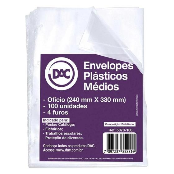 Imagem de Envelopes Plasticos Médios 4 Furos Ofício 100 Unidades Dac