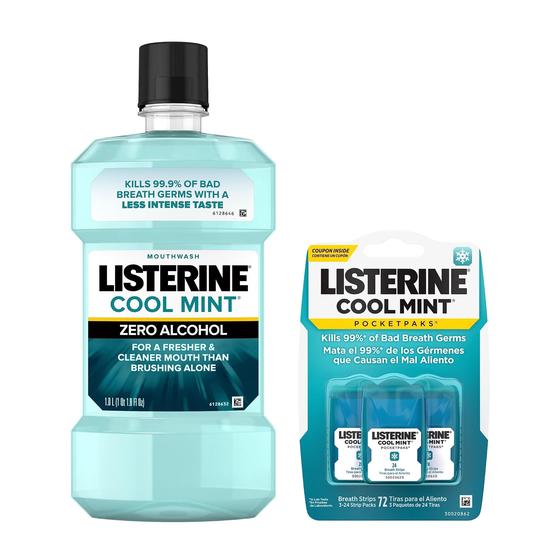 Imagem de Enxaguante bucal e tiras de hálito Listerine Cool Mint 1 L x 3, pacotes com 24