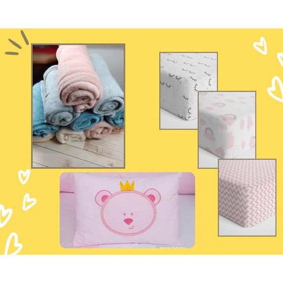 Imagem de Enxoval Bebê 6 peças 3 lençois estampados avulsos com elástico 1 manta soft 1 travesseiro e 1 fronha bordada