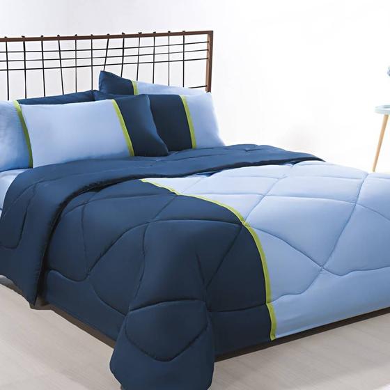 Imagem de Enxoval Edredom + Jogo De Cama King Aconchego Premium 06 Peças - Azul/ Marinho 