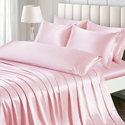 Imagem de Ersmak 7 peças folhas de cetim Conjunto Queen Size, Luxury Silky Blush Pink Satin Bed Sheets Set with 1 Deep Pocket Fitted Sheet, 1 Soft Flat Sheet, 4 Queen Pillowcases e 1 Body Pillowcase