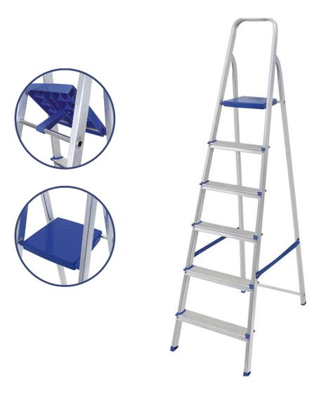 Imagem de Escada Alumínio Doméstica 6 Degraus Reforçada Mor Escadas Cor Azul E Cinza