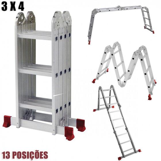 Imagem de Escada Multifuncional Articulada em Aluminio 3x4 12 Degraus Ate 150 Kg  Botafogo 