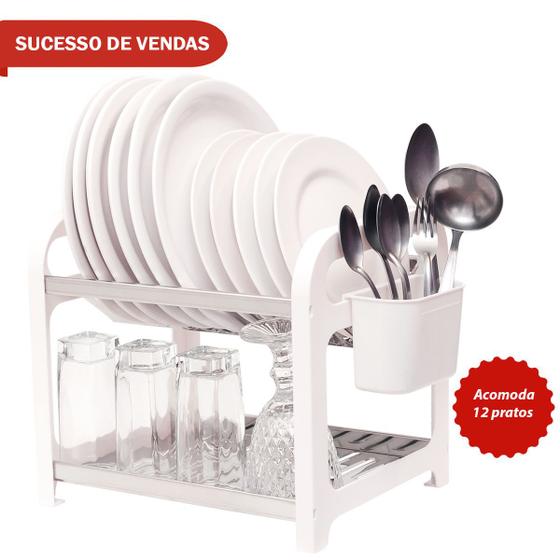 Imagem de Escorredor 12 pratos Inox Branco com Porta Talheres