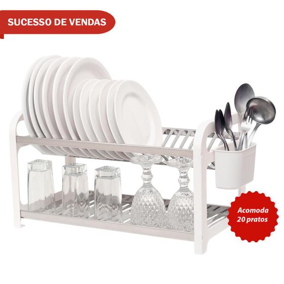 Imagem de Escorredor 20 pratos Inox Branco com Porta Talheres