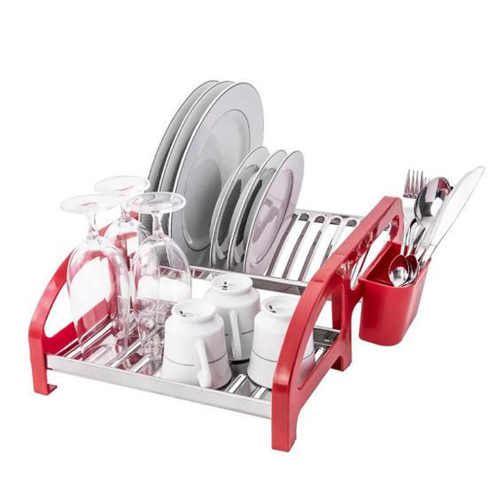 Imagem de Escorredor Cama 12 Pratos Inox Vermelho Com Porta Talheres