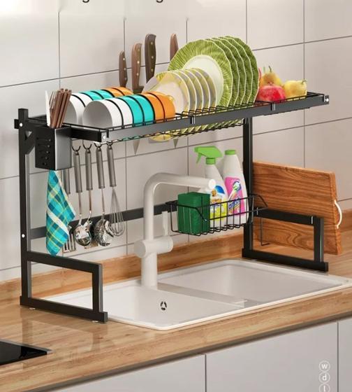 Imagem de Escorredor de Louça Suspenso 85cm Preto - Organizador de Cozinha em Aço Inoxidável para Pratos