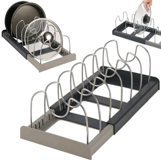 Imagem de  Escorredor de louças ajustável organizador tampas panelas frigideiras gaveta