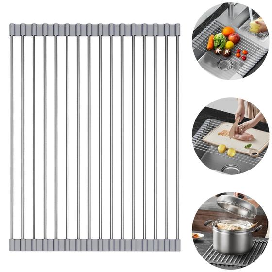 Imagem de Escorredor de Louças Esteira Secadora/Secagem Dobrável Aço Inox Multifunções Portátil Dobrável Descanso Panelas Cozinha 23 x 47cm