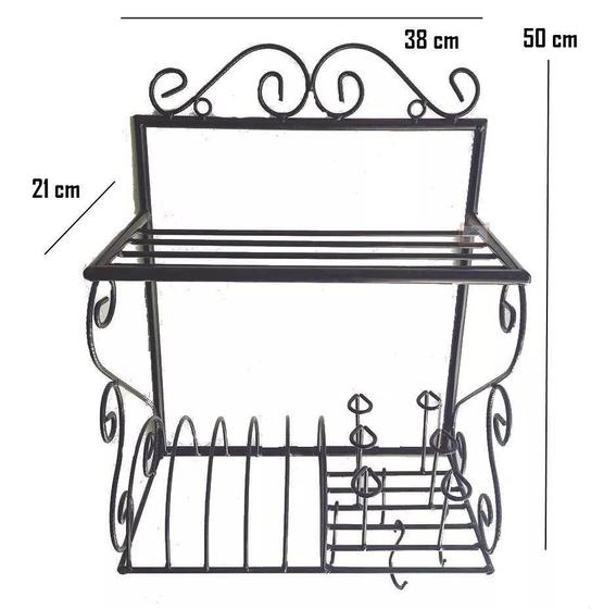 Imagem de escorredor de louças paneleiro ferro suporte de parede prateleira cozinha decoração ganchos peduradores panelas xícaras utensílios 