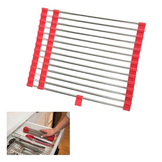 Imagem de Escorredor Esteira Extensivo Inox Cozinha Pia Cuba Prato Panela Louça Silicone Compacto Multiuso Pratico Dobravel