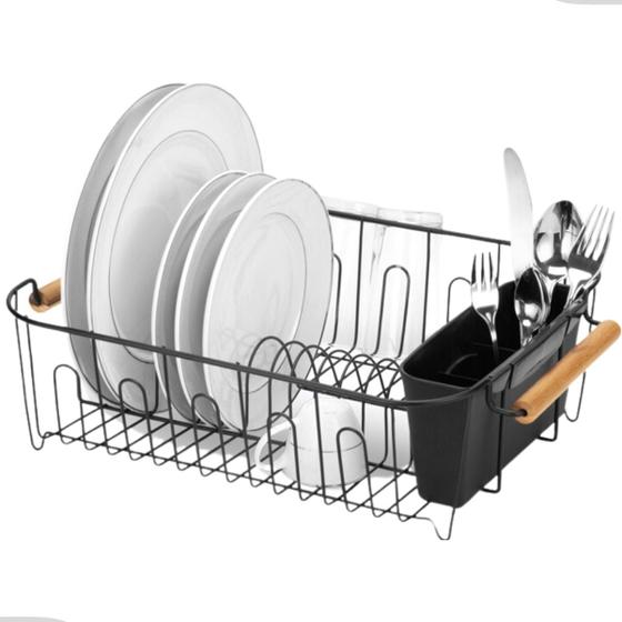 Imagem de Escorredor Organizador de Louças Aramado Pia 15 Pratos Cozinha com Porta Talher e Porta Copos Wide Black Eco Design Preto Arthi