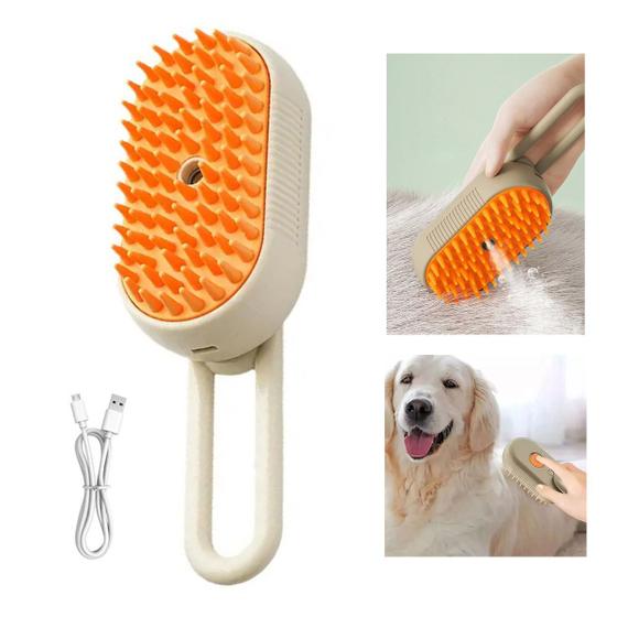 Imagem de Escova a Vapor Eletrica Cao Gato Cachorro Pet Remove Pelo Bateria Recarregavel Animal de Estimaçao Limpeza Higiene Massagem