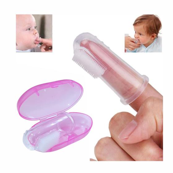 Imagem de Escova De Dente Massageadora De Dedo Bebê Silicone C/ Estojo Rosa